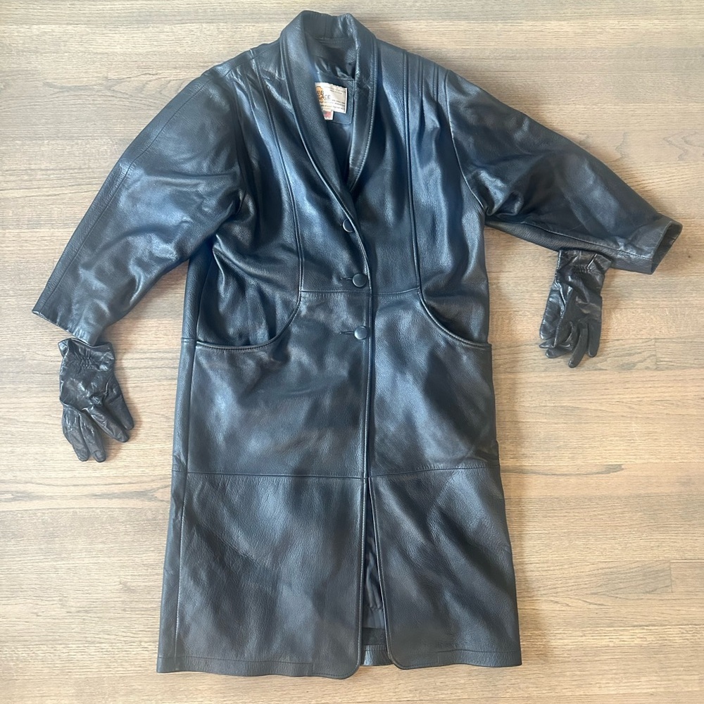 Vintage Genuine Leather W.B. Place Trench Coat-Black-Size Medium